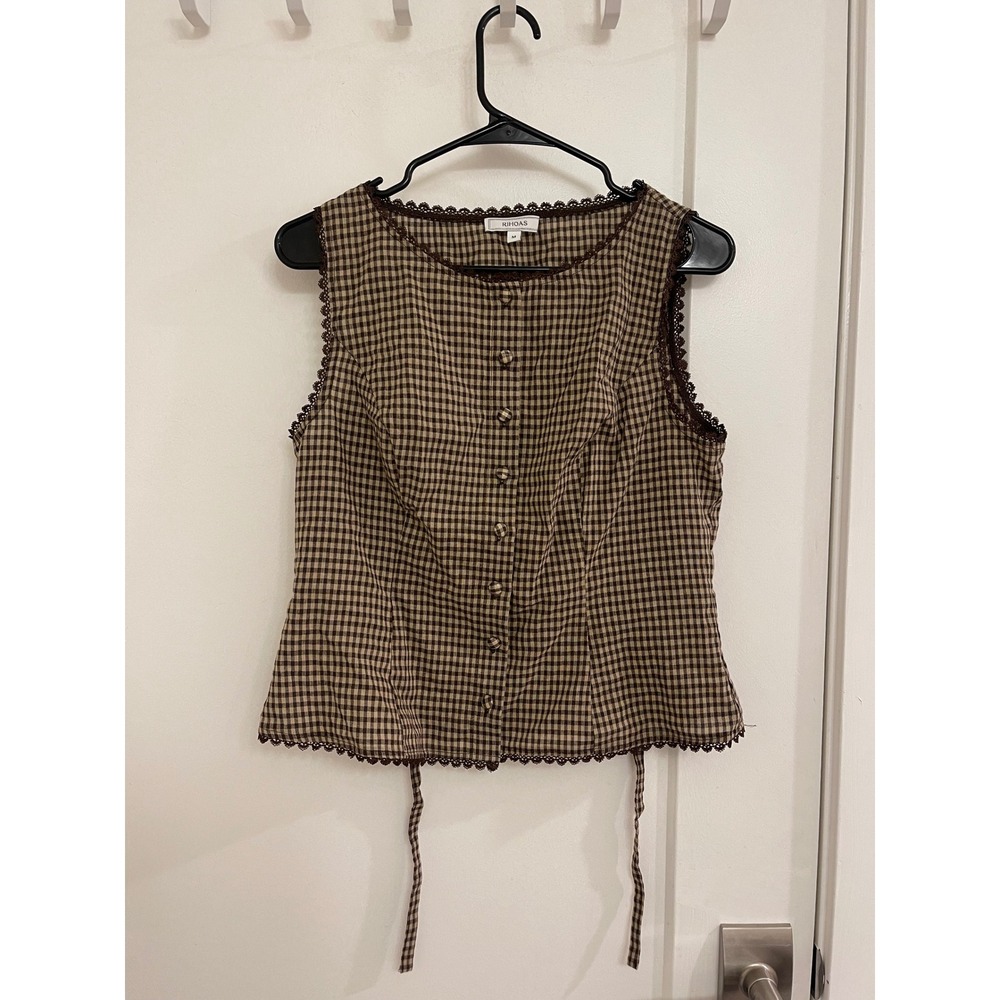 Rigoas Cotton Gingham Lace Trim Button Up Blouse Cottagecore 90s
